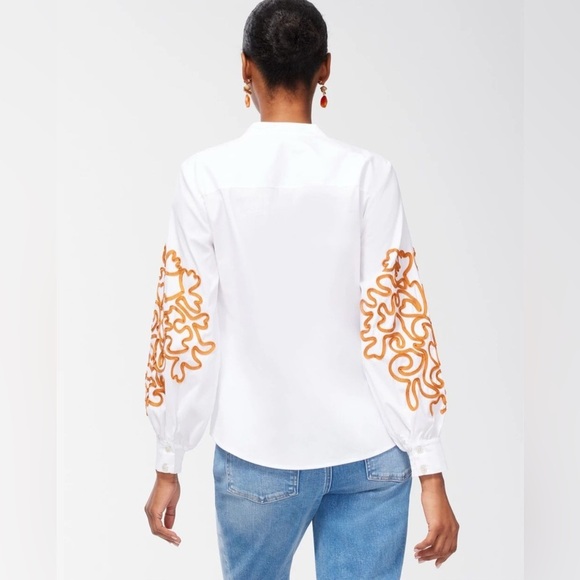 NWT Chico’s Poplin Embroidered Shirt Button Down Women’s L White Accent Sleeves - Picture 2 of 12